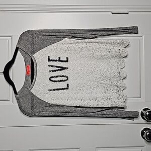 Raglan Style Thin Knit Graphic Top with Lace Front